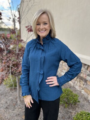 Ruffle Trim Button Up Blouse - Peacock -