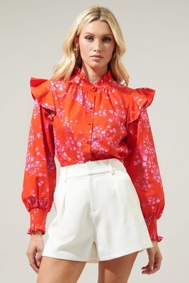 Floral Blouse w/ Ruffle/Smocked Sleeve - Red/Pinks -