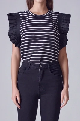 Stripe Knit W/ Poplin Sleeve -Black/White -