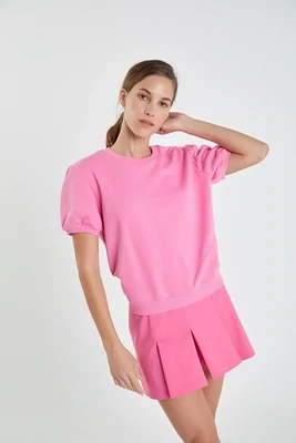 French Terry Puff Sleeve Top - Pink -