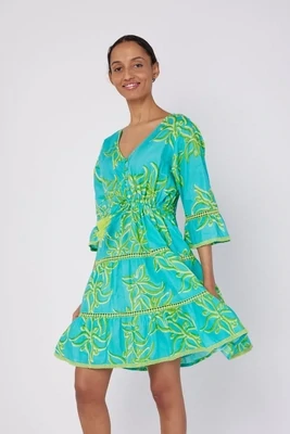 Green Abstract Flower- 3/4 Sleeve- Drawstring Dress