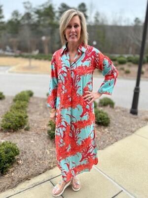 3/4 Sleeve Maxi Shirt Dress w/ Pockets-Turquoise Coral