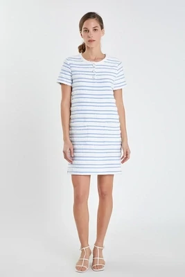 Fringed Striped Polo Mini Dress- White/Blue