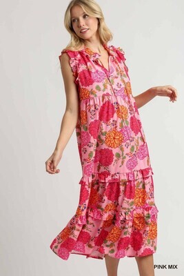 Floral Print Ruffle Tie Tiered Maxi Dress - Pink -