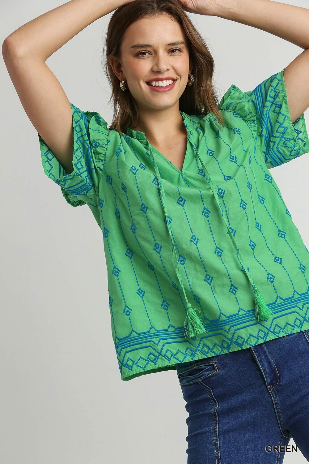 Embroidered Boxy Cut Top - Green -