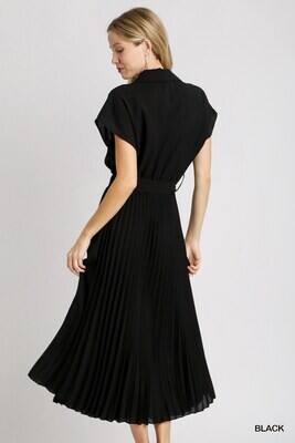 V-Neck Pleated Midi Dress - Black -
