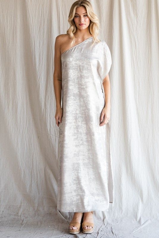 One Shoulder Metallic Maxi Dress -, Size: Small