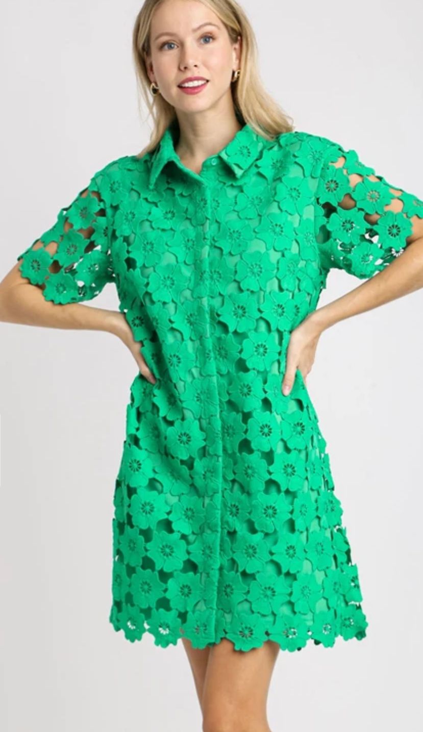 Floral Lace Button Down Dress -, Color: Emerald Green-, Size: Small