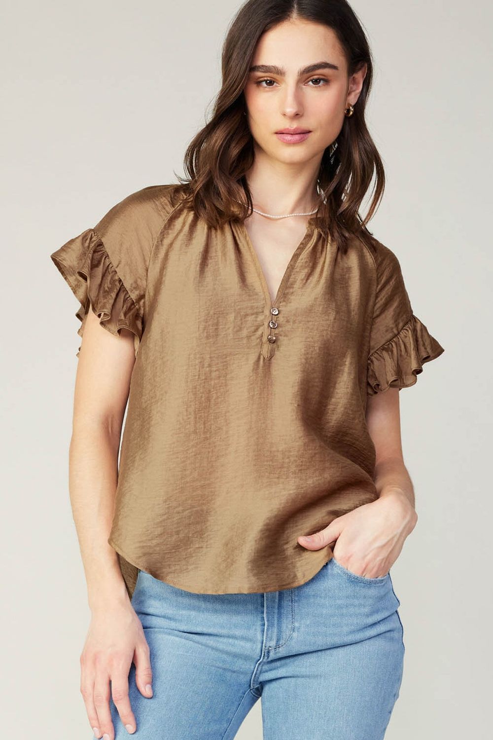 V-Neck Ruffle Sleeve Blouse w/ Buttons - Bronze -