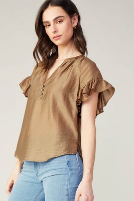 V-Neck Ruffle Sleeve Blouse w/ Buttons - Bronze -