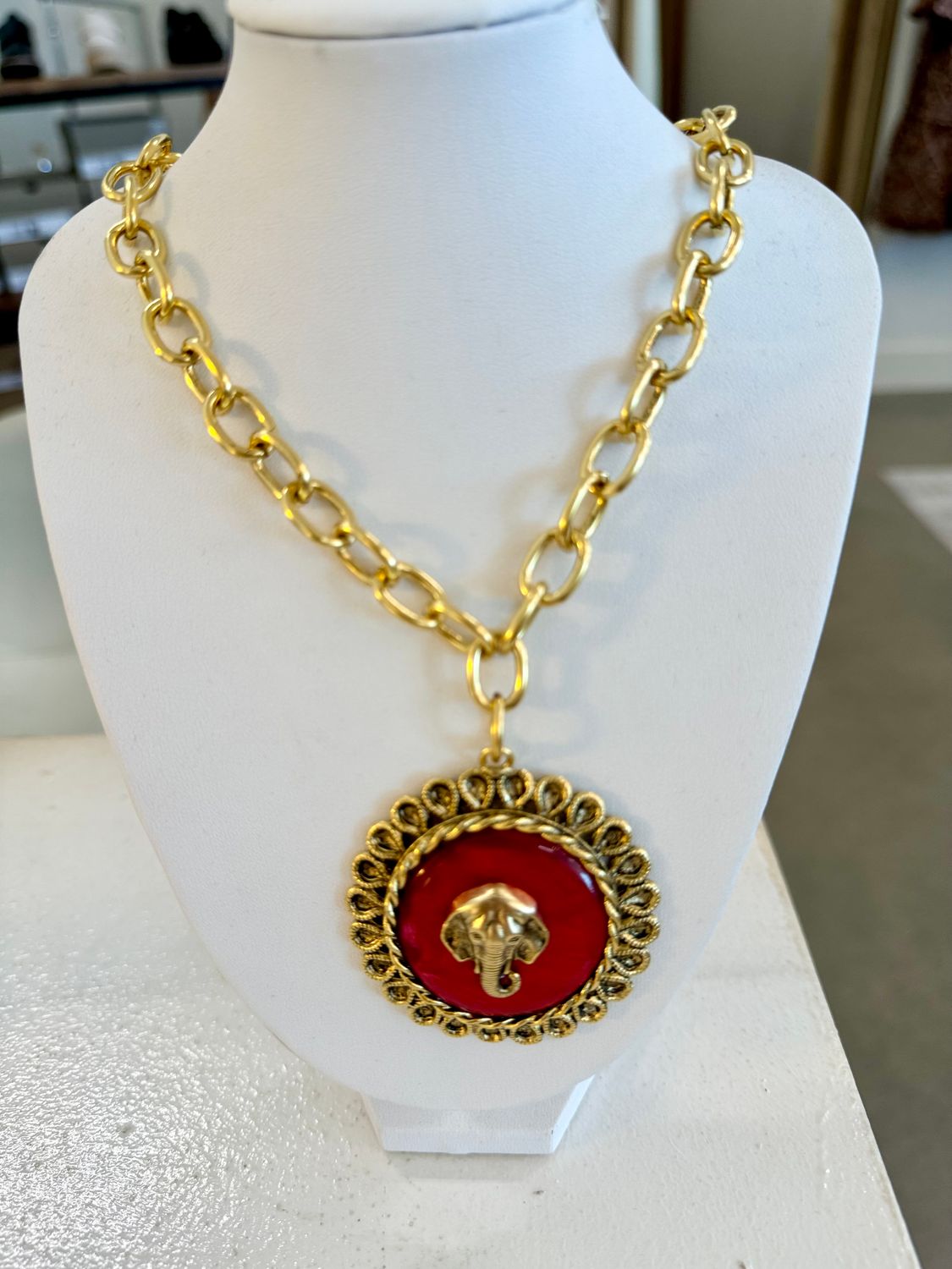 Elephant Head Crimson Medallion Necklace