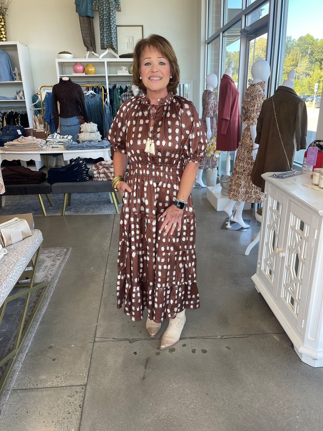 Dot Print /Elastic Waist Dress - Brown -