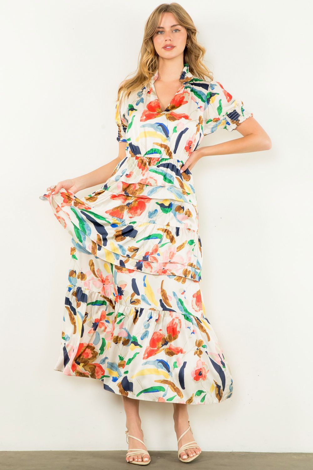 Tiered Multi Print Satin Dress -