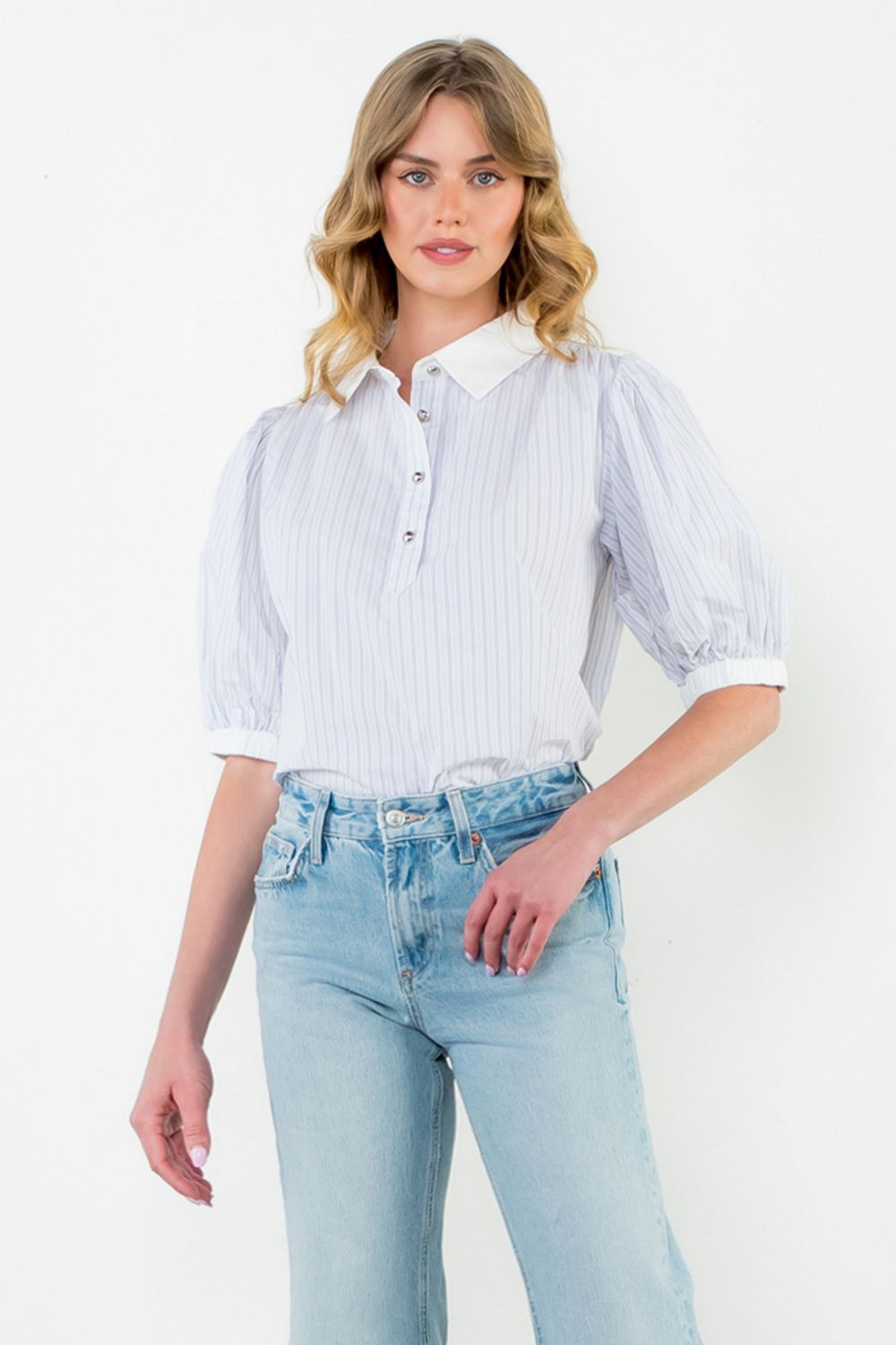 Striped S/S Top w/ White Collar-