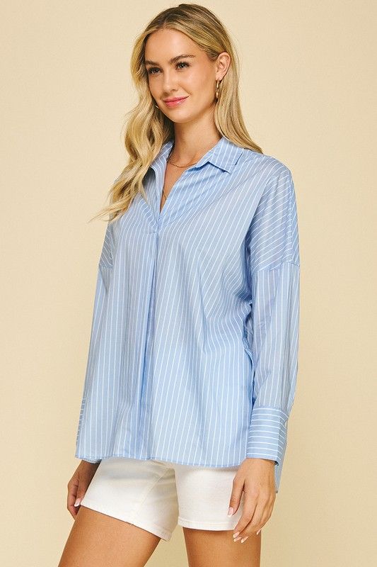 Striped V-Neck Shirt-Blue-