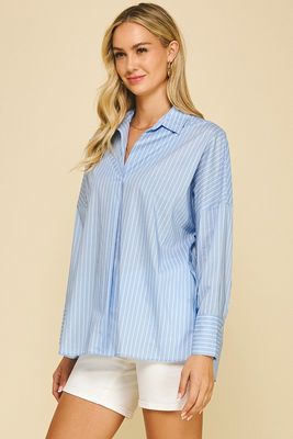 Striped V-Neck Shirt-Blue-