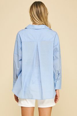 Striped V-Neck Shirt-Blue-