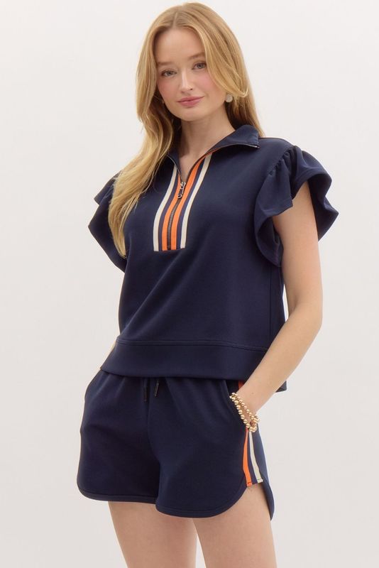 2 Pc Short Set- Navy/Orange-