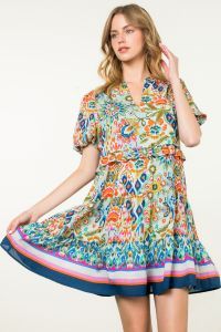 Puff Sleeve Watercolor Mini Dress W/ Stripe Bottom-