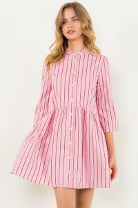 S/S Striped Button Up Dress-Pink-