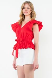 V Neck Tie Waist Bubble Bottom Top- Red-