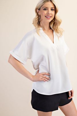 V-Neck Cuff S/S Satin Top-3 colors