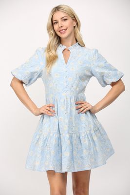 Eyelet Puff Sleeve Short Dress-Baby Blue-