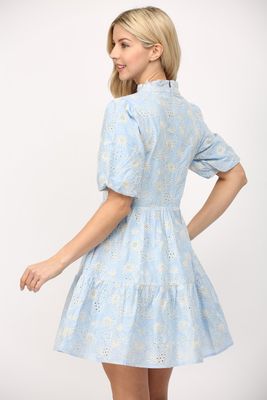 Eyelet Puff Sleeve Short Dress-Baby Blue-