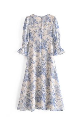 Floral Trumpet Sleeve Dress- Blue-
