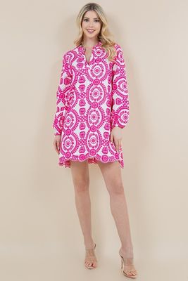 Embroidered L/S Tunic Dress-Pink-