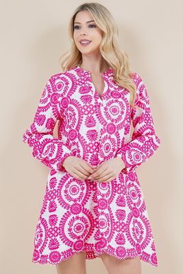 Embroidered L/S Tunic Dress-Pink-