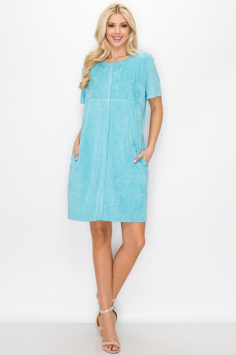 Faux Suede Dress w/ Pockets- Turquoise-