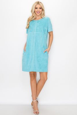 Faux Suede Dress w/ Pockets- Turquoise-