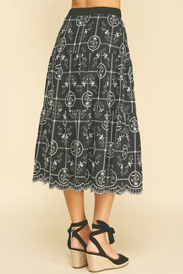 Floral Embroidered Midi Skirt- Black-