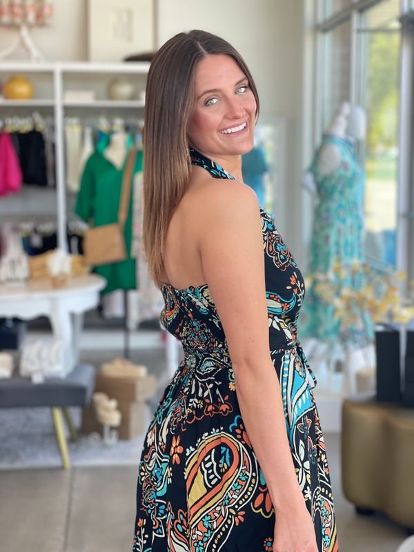 Halter Dress-Black Multi Color-