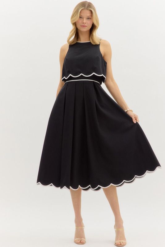 Scallop Hem Midi Skirt Dress-