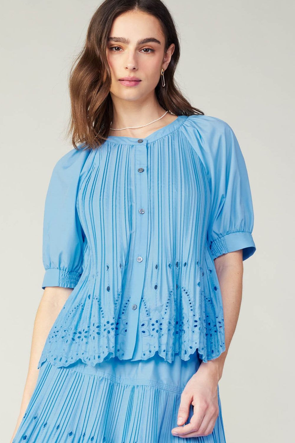 Pleated Eyelet Top - Lt. Blue-