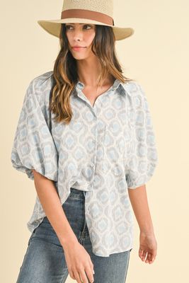 Geometric Printed Bubble Sleeve Top-