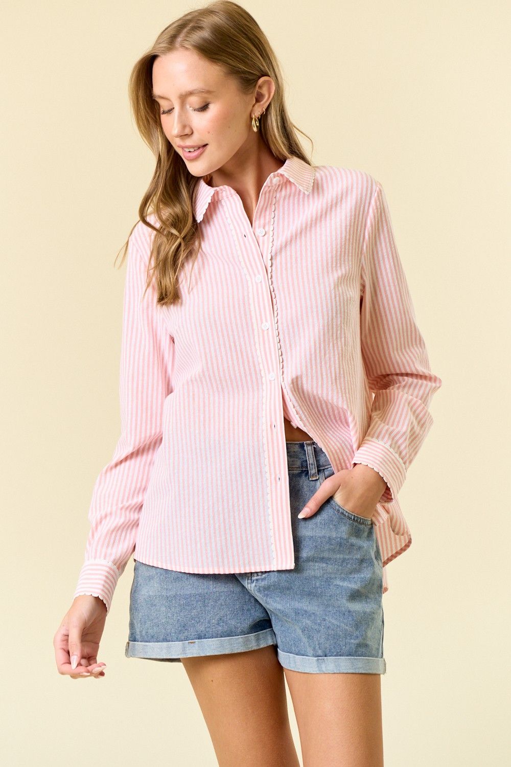 Striped Button Up/Ricrac Trim-