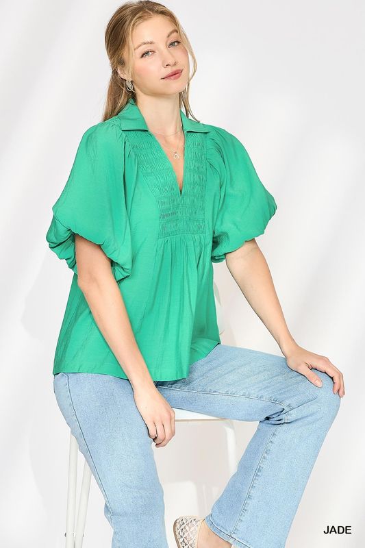 Smocked Bodice Puff Sleeve Top -