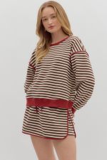 2 Pc Striped Short Set- Brown-