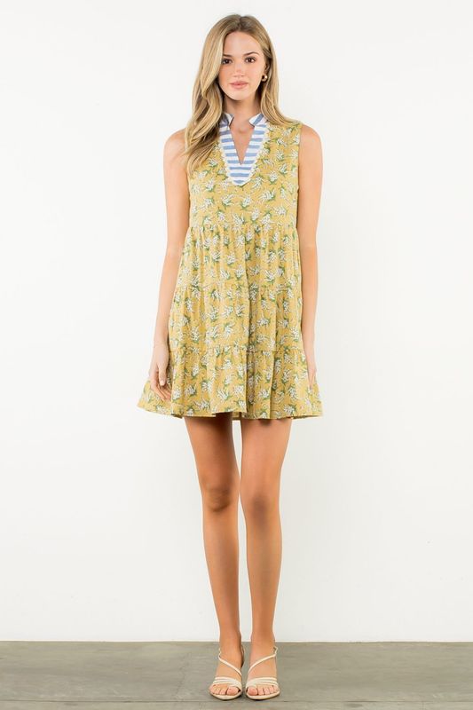 S/L Flower Dress/Stripe Trim-