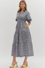 Smocked Waist Maxi w/ Collar- Navy-