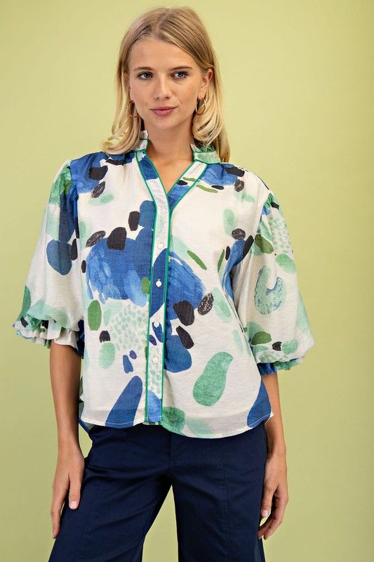 Blue/Green Printed Blouse w/ Piping-