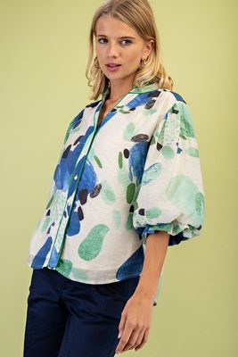 Blue/Green Printed Blouse w/ Piping-