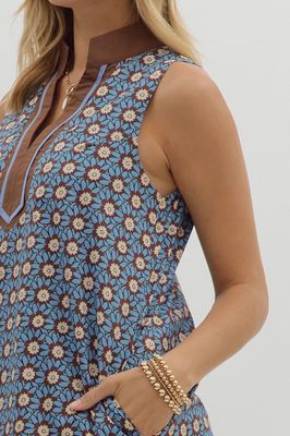 Floral Print S/L Mini Dress-Chambray/Brown-
