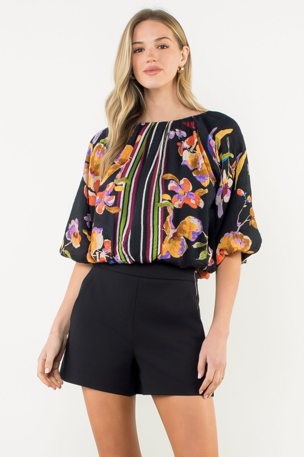Floral Bubble Top - Black-