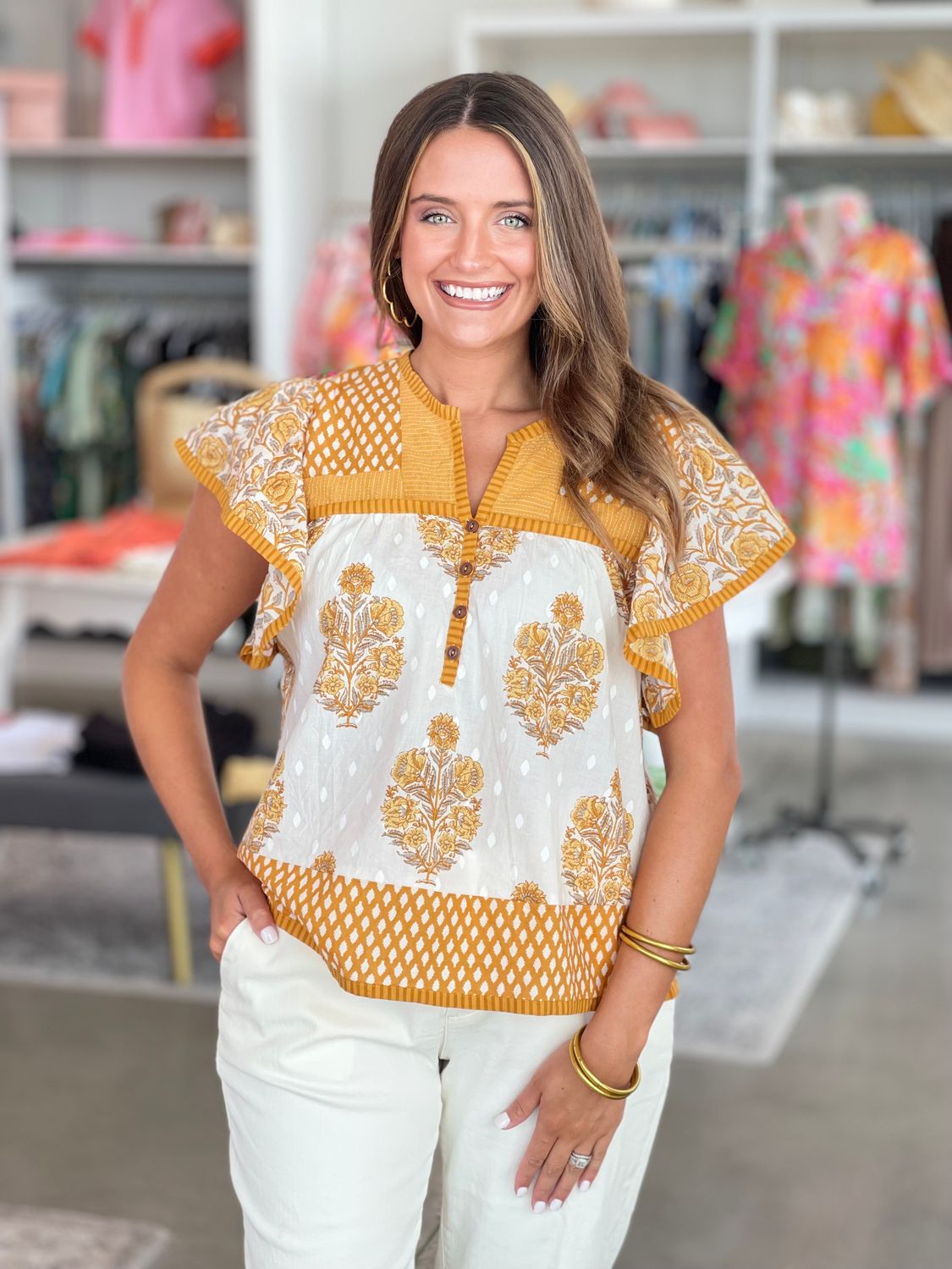 Patched Pattern Floral Top - Mustard-