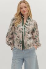 Floral L/S Smock Cuff V Neck Blouse-Forest-