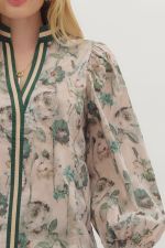 Floral L/S Smock Cuff V Neck Blouse-Forest-